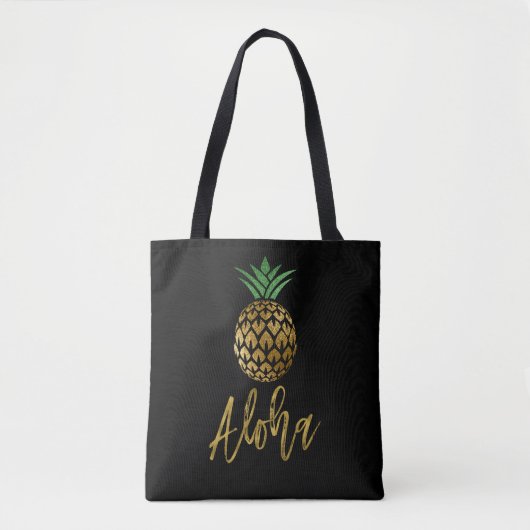 Tote Bag Aloha Tropical Hawaiian Mariage d'ananas noir (Devant)