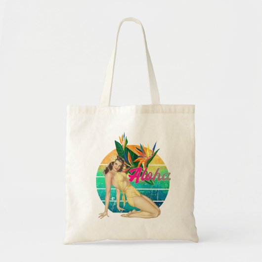 Tote Bag Aloha Tropical Pin-up fille retro coucher de solei (Devant)