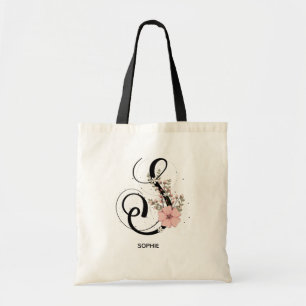 Tote Bag Alphabet Script Letter S Floral Monogram Flower
