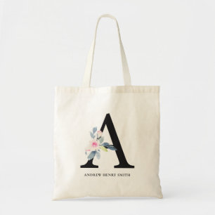 TOTE BAG ALPHABÈTES FLORAUX BLEUS DOUX NOM LETTRE A