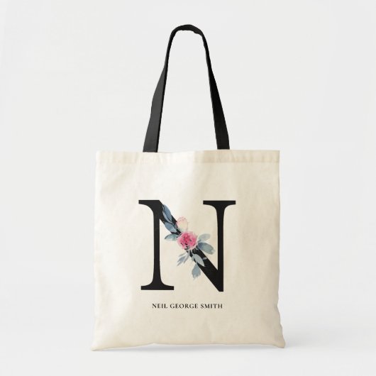 TOTE BAG ALPHABÈTES FLORAUX BLEUS DOUX NOM LETTRE N (Devant)