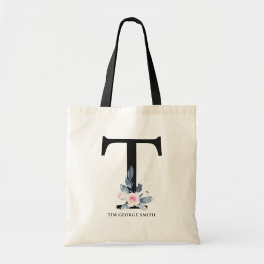 TOTE BAG ALPHABÈTES FLORAUX BLEUS DOUX NOM LETTRE T (Devant)