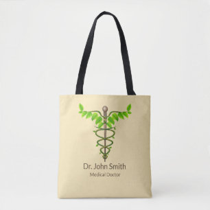 Tote Bag Alternative Médicale Caduceus Vert Feuilles Beige