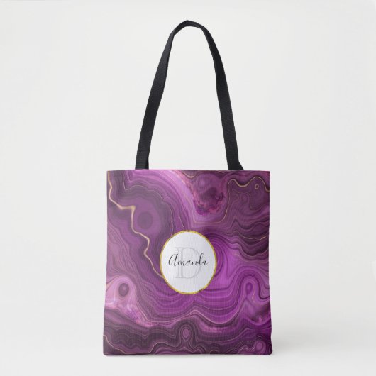 Tote Bag Améthyste Violet Et Monogramme D'Agate Abstrait Or (Devant)