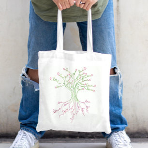 Tote Bag Amour Arbre de Vie Art Blanc Vert Coeurs roses mig
