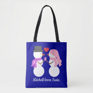 Tote Bag Amour & Bonshommes de neige : Bleu foncé