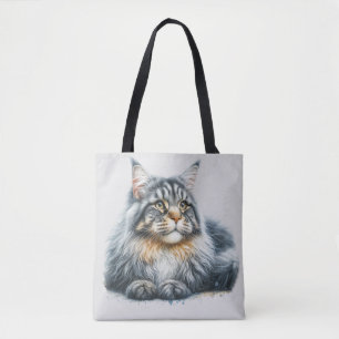 Tote Bag Amour de chat Maine Coon à l'aquarelle
