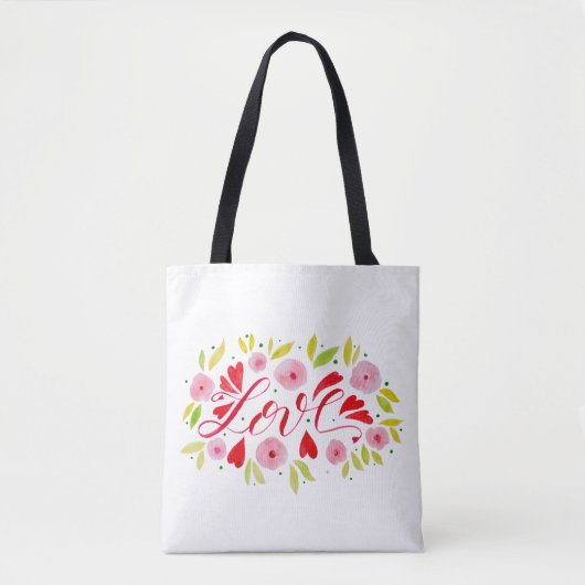 Tote Bag Amour et fleurs - rose et rouge (Devant)