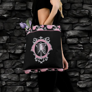 Tote Bag Amour gothique   Squelette rose et noir Coeur flor