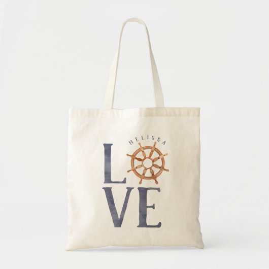 Tote Bag Amour Nautique Typographie Aquarelle + Roue de Bat (Devant)