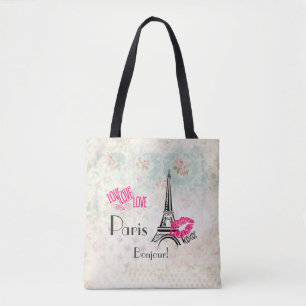 Tote Bag Amour Paris avec Tour Eiffel en Motif Vintage