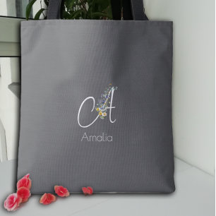 Tote Bag Amoureux de Pilates Monogramme floral aquarelle