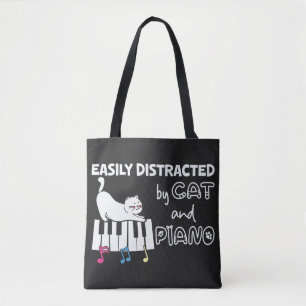 Tote Bag Amusant Facilement Distrait par Chat et Piano Musi