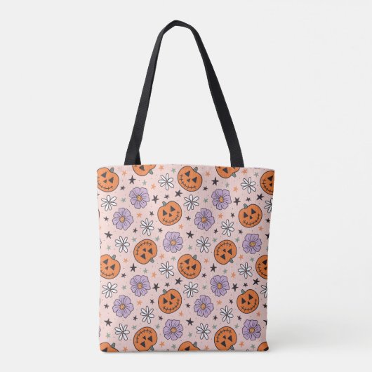 Tote Bag Amusants Citrouilles d'Halloween et Fleurs Motif (Dos)