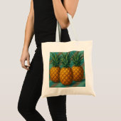 Tote Bag Ananas aux rayures turquoise et gris chaud (Devant (produit))