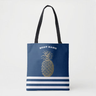 Tote Bag Ananas doré nautique bleu marine rayé