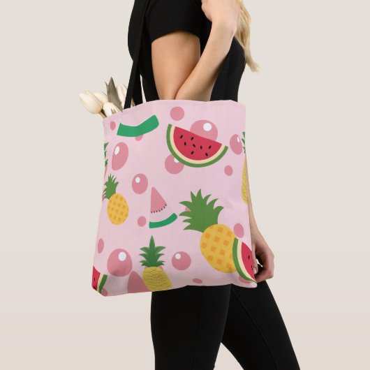 Tote Bag Ananas et pastèque Fruit rose (De près)
