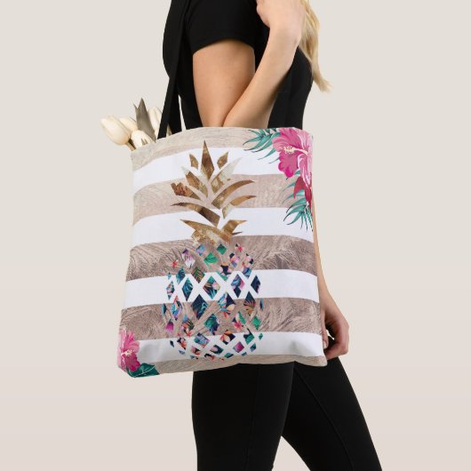 Tote Bag Ananas floral or rayé (De près)