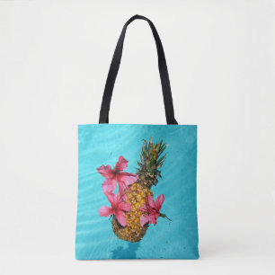 Tote Bag Ananas flottant et Hibiscus