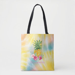Tote Bag Ananas, Hibiscus aquarelle Rainbow Tie Dye