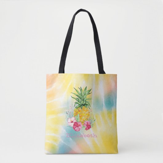 Tote Bag Ananas, Hibiscus aquarelle Rainbow Tie Dye (Devant)