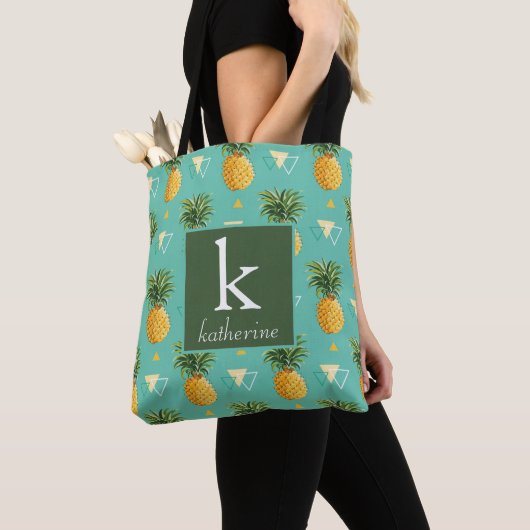 Tote Bag Ananas lumineux sur le monogramme géométrique du (De près)