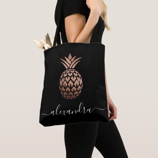 Tote Bag Ananas noir rose d'or en cuivre élégant (De près)