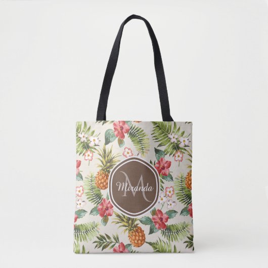 Tote Bag Ananas tropicale exotique Floral Monogramme Brown (Devant)