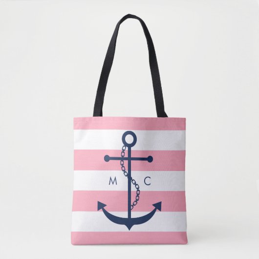 Tote Bag Ancre bleu monogramme sur les rayures roses (Devant)
