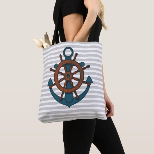 Tote Bag Ancre de navire et rayures gris roue (De près)