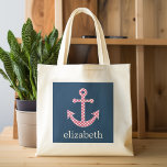 Tote Bag Ancre de point rose mignon avec nom personnalisé M<br><div class="desc">Un design tendance et élégant avec des points et des couleurs préppantes plus un espace pour ajouter votre nom ou monogramme.</div>