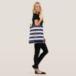 Tote Bag Ancre d'or de la marine nautique personnalisée<br><div class="desc">Ancrage or sur marine bleu et blanc rayé arrière - plan,  sac fourre-tout de fête de mariée personnalisée. Personnalisez le texte,  le style de police,  la couleur et la taille. Les rayures en bleu marine peuvent être customisées à votre choix de couleur.</div>