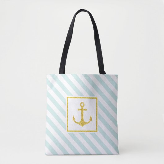 Tote Bag Ancre dorée Bleu Mint Blancs (Devant)