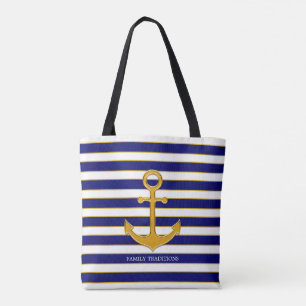 Tote Bag Ancre dorée élégante sur fond rayé bleu et blanc