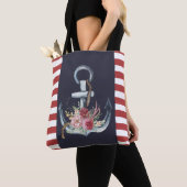 Tote Bag Ancre marine florale, bleu marine, rayures rouges (De près)
