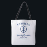 Tote Bag Ancre nautique Famille Réunion Marine Bleu & Blanc<br><div class="desc">Un sac fourre-tout de réunion familiale à thème nautique affichant fièrement votre nom de famille, date de réunion et emplacement dans élégant script de calligraphie avec texte moderne élégant. Ce design présente l'illustration d'une ancre de bateau sur mesure avec une boussole en bleu marine sur blanc ou customiser facilement l'arrière...</div>