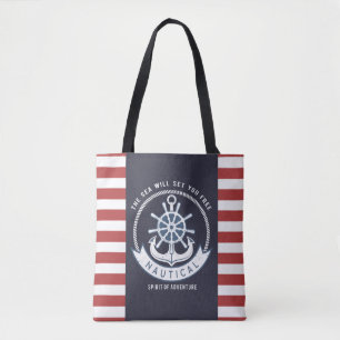 Tote Bag Ancre nautique, Roue, Bleu marine, Bandes rouges