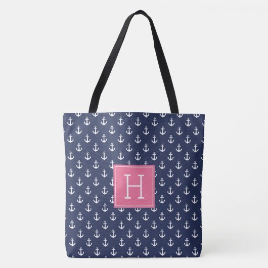 Tote Bag Ancres bleues Motif et Monogramme rose (Devant)