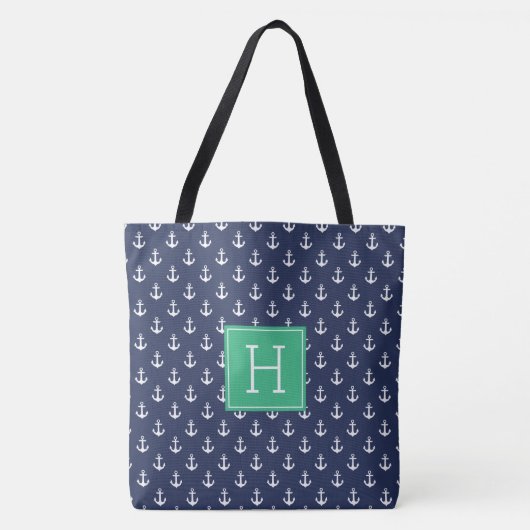 Tote Bag Ancres bleues Motif et Monogramme vert (Devant)