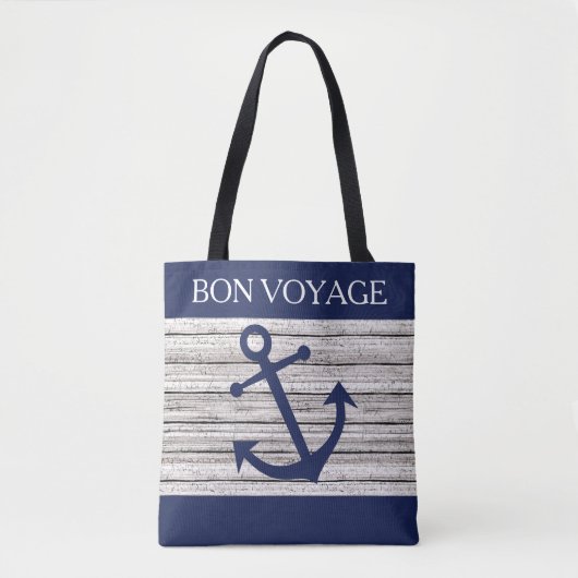 Tote Bag Ancres Nautiques Bleu Foncé Sur Motif En Bois (Devant)