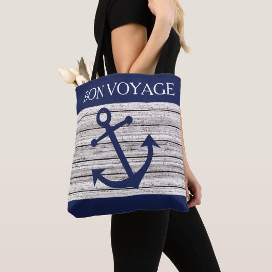 Tote Bag Ancres Nautiques Bleu Foncé Sur Motif En Bois (De près)