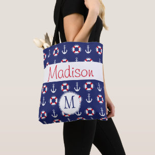 Tote Bag Ancres nautiques Marine Rouge Tendance Monogramme