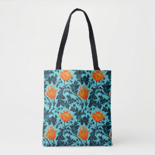 Tote Bag Anémone de William Morris, bleu d'indigo et corai