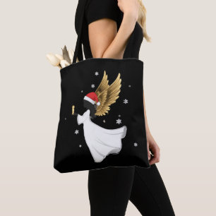Tote Bag Ange de Noël élégant noir avec ailes dorées