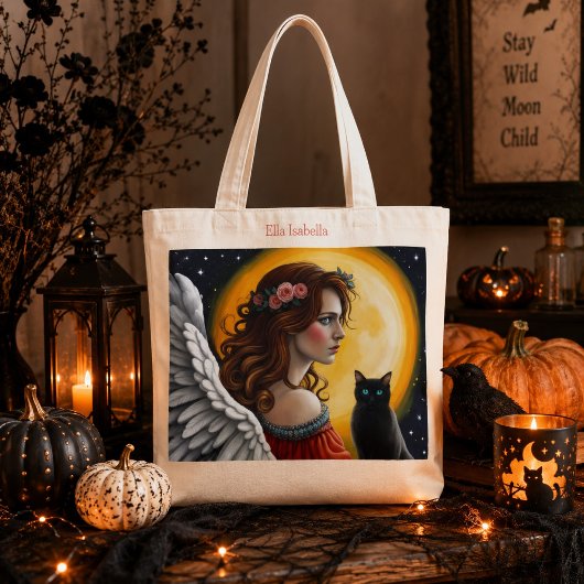 Tote Bag Ange gothique personnalisé Chat noir Lune pleine