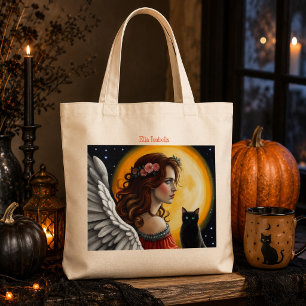 Tote Bag Ange gothique personnalisé Chat noir Lune pleine S