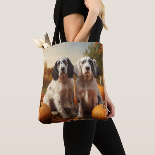 Tote Bag Anglais Setter Puppy Automne Citrouille de plaisir (De près)
