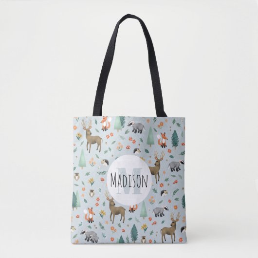 Tote Bag Animaux boisés mignons et modernes Monogrammes Enf (Devant)