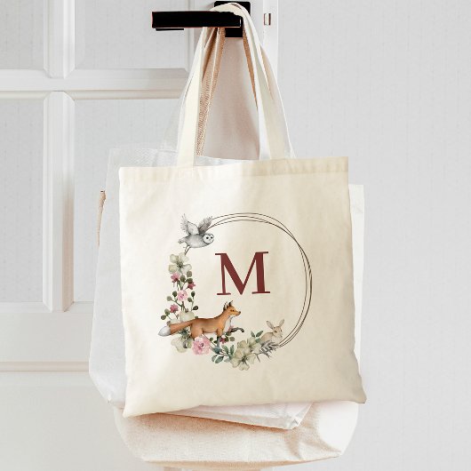 Tote Bag Animaux de la Forêt Rustique Fleurs Monogramme Dem