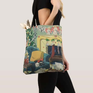 Tote Bag Animaux de Noël vintage dans le salon